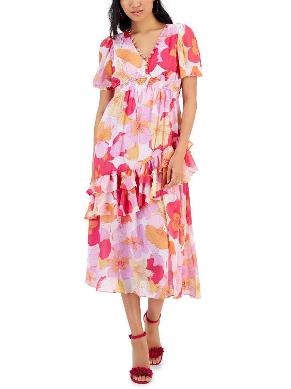 Petites Womens Daytime Cascade Ruffle Midi Dress Chic Floral Print Midi Dress