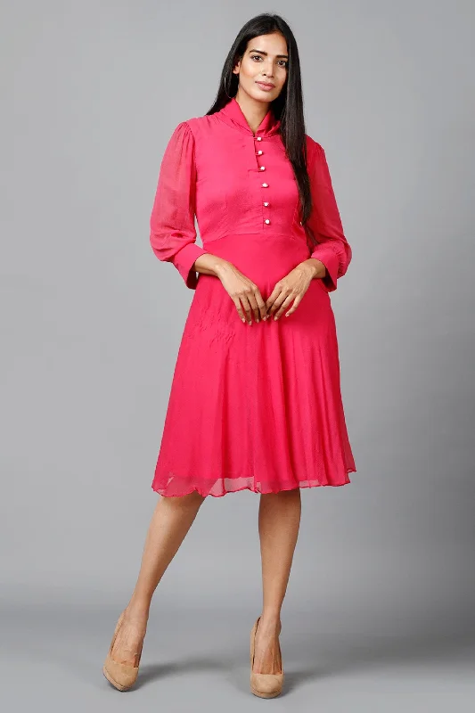 Women's Pink Chiiffon Casual Midi Dress - MIRACOLOS by Ruchi Cozy Spaghetti Strap Midi Dress