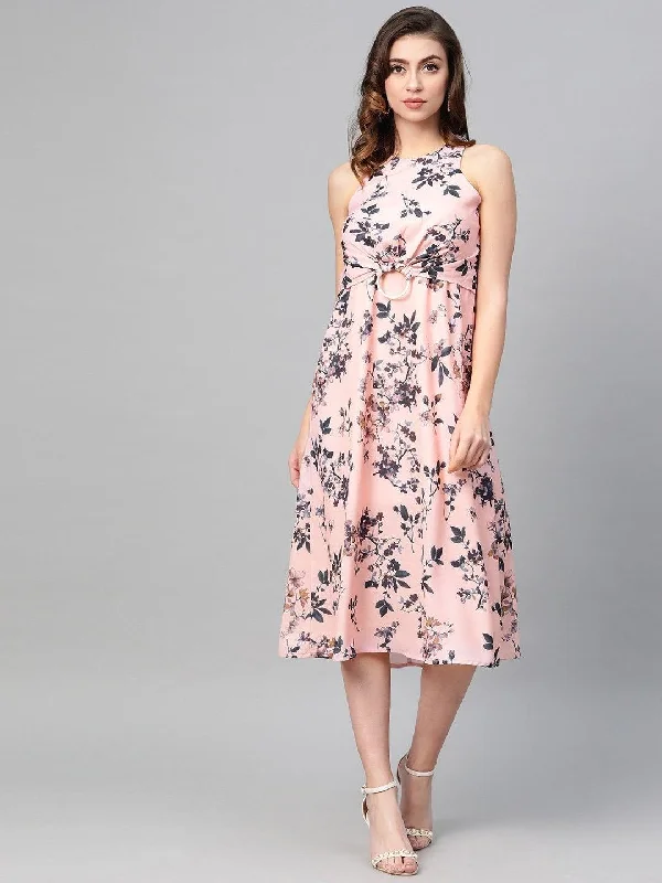 Women's Pink Floral Ring Loop Midi Dress - SASSAFRAS Stylish Striped Midi Dress