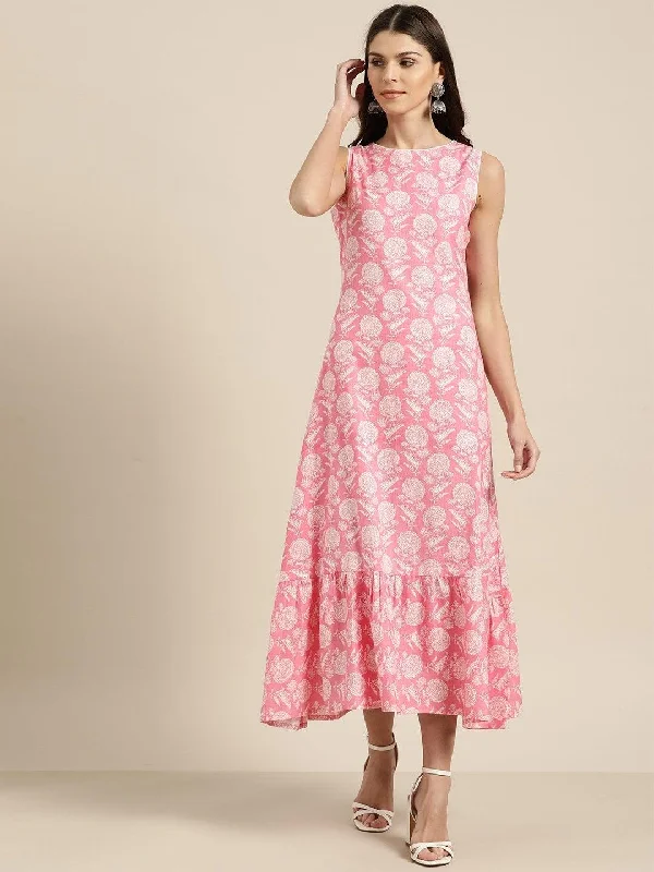 Women's Pink Floral Tiered Hem Sleeveless Midi Dress - SASSAFRAS Fashionable Floral Embroidery Midi Dress