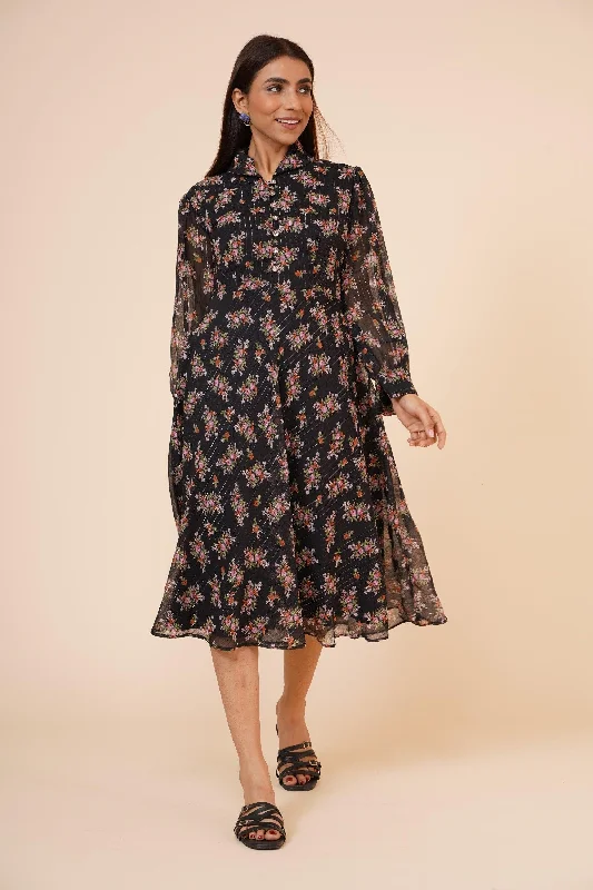 Women's Printed Black Chiiffon Casual Midi Dress - MIRACOLOS by Ruchi Cozy Knit Midi Dress