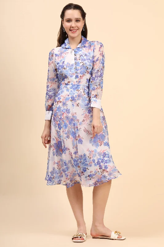 Women's Printed White Chiiffon Casual Midi Dress - MIRACOLOS by Ruchi Classic Black Midi Dress