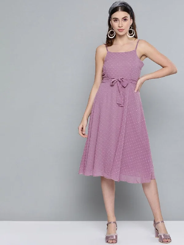 Women's Purple Dobby Strappy Belted Midi Dress - SASSAFRAS Fashionable Off-Shoulder Dress Midi