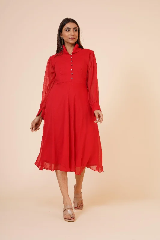 Women's Red Chiiffon Casual Midi Dress - MIRACOLOS by Ruchi Fashionable Shift Midi Dress