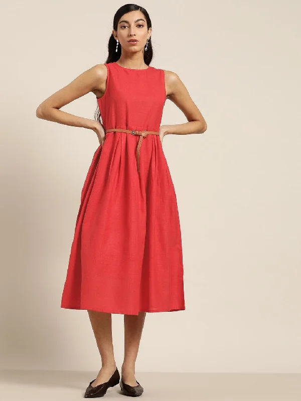 Women's Red Sleeveless Box Pleat Midi Dress - SHAE Comfortable Sleeveless Midi Dress