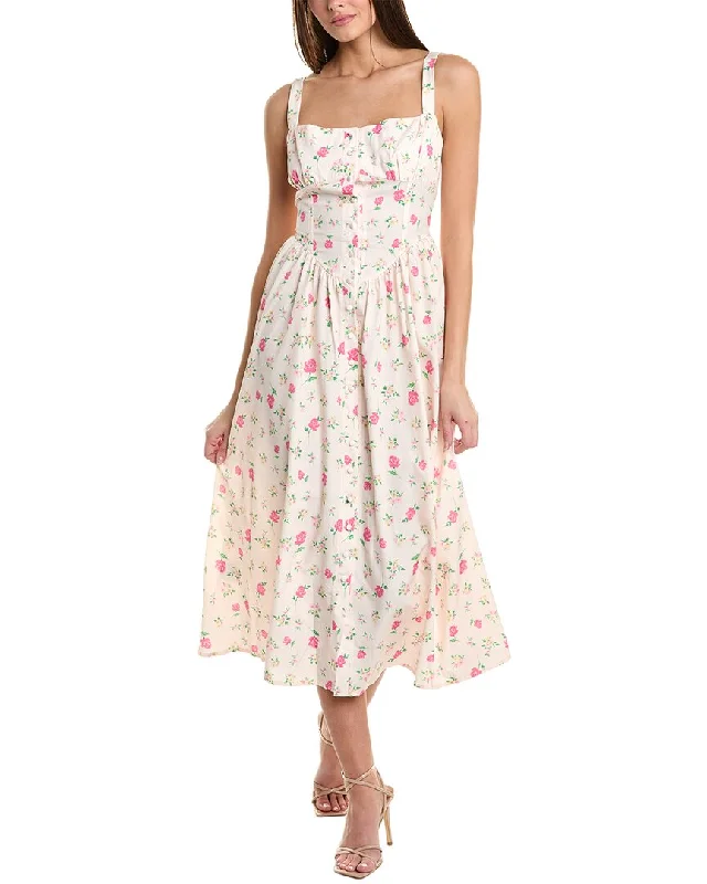 REVERIEE Button Front Midi Dress Trendy Fit-and-Flare Midi Dress
