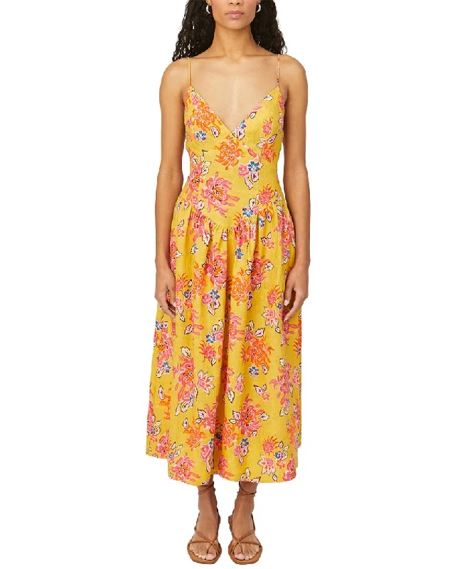 RHODE Sophie Linen Midi Dress Fashionable Sheer Sleeve Midi Dress