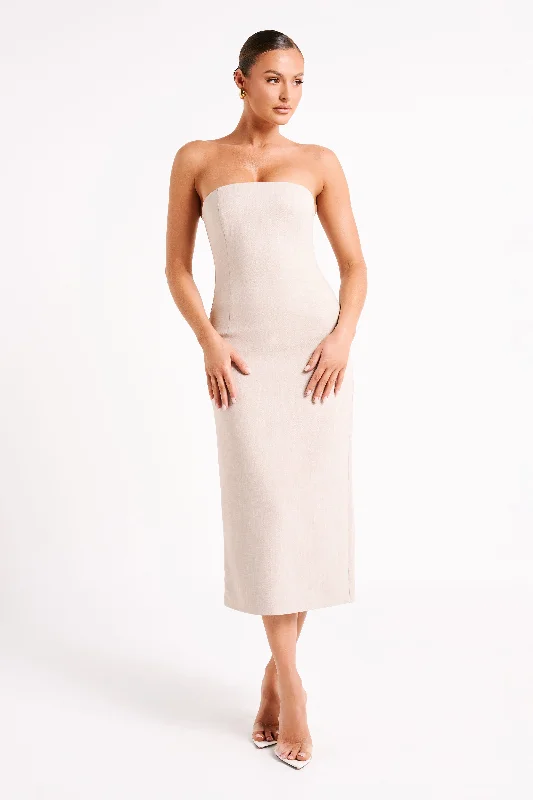 Sable Textured Midi Dress - Natural Trendy Smocked Waist Midi Dress