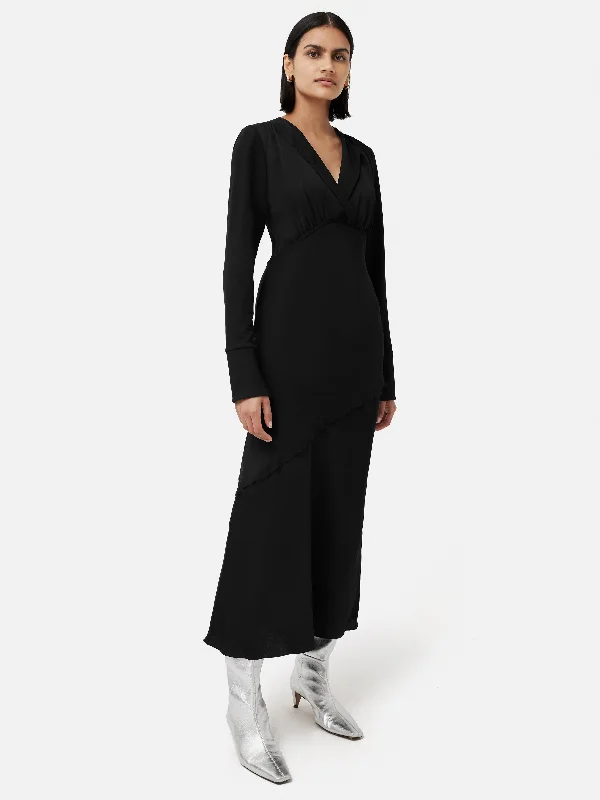 Satin Back Crepe Midi Dress | Black Trendy Tiered Hem Midi Dress
