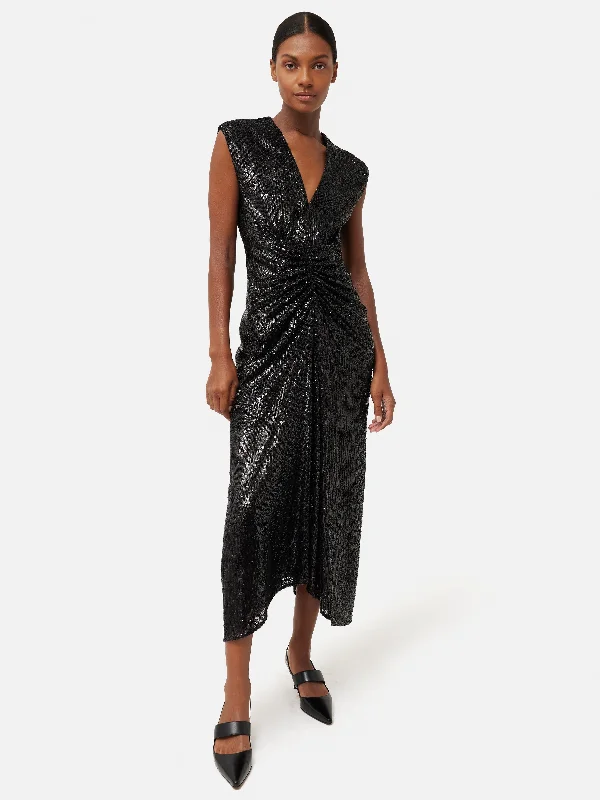 Sequin Ruched Midi Dress | Black Stylish High-Waisted Midi Dress