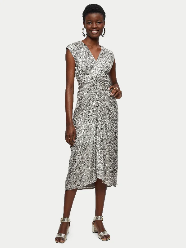 Sequin Ruched Midi Dress | Pewter Trendy Ruffle Hem Midi Dress