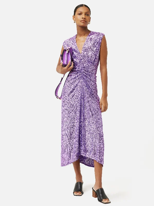 Sequin Ruched Midi Dress | Purple Comfortable Geometric Print Midi Dress