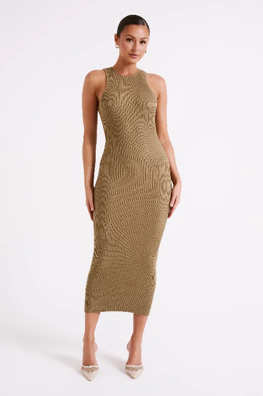 Sienna Knit Midi Dress - Olive Fashionable Pleated Midi Dress