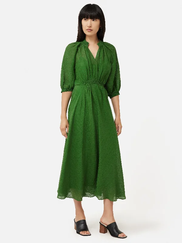 Silk Linen Gauze Midi Dress | Green Stylish Color Block Midi Dress