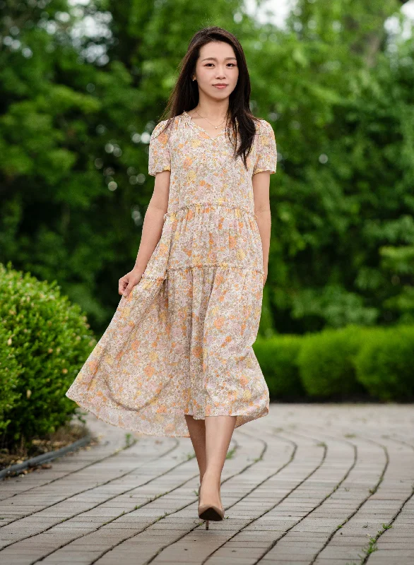 Silk Midi Dress in Rose Print Comfortable Ruched Midi Dress