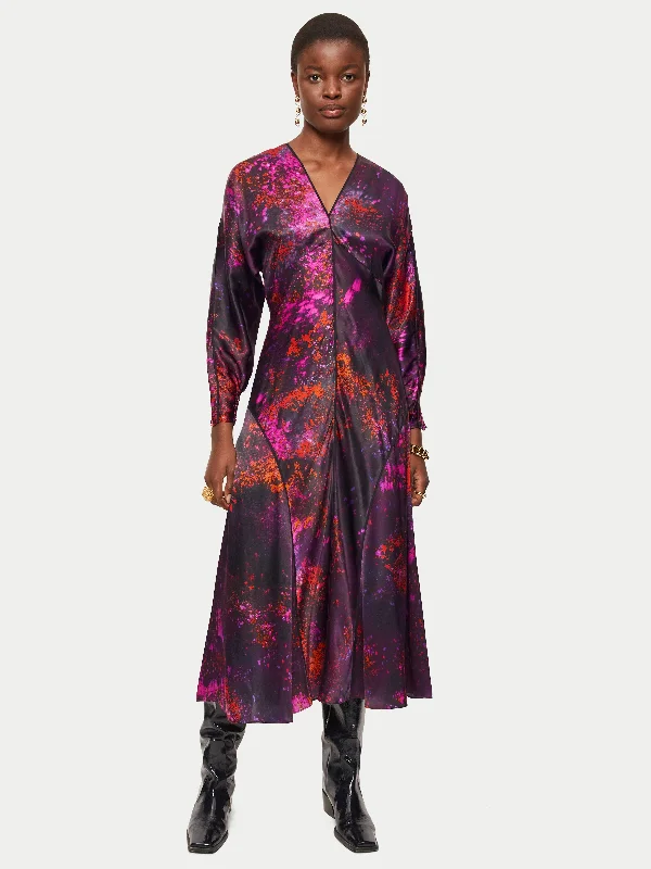 Silk Paint Drops Midi Dress | Orange Fashionable Pleated Midi Dress
