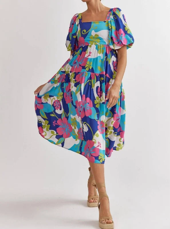 Square Neck Midi Dress In Royal Combo Chic Lace Detail Midi Dress
