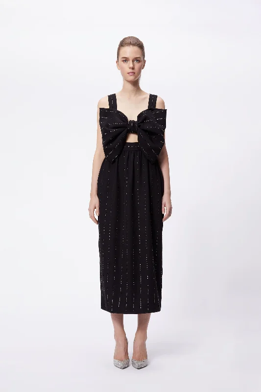 SWAROVSKI BOW CUT-OUT MIDI DRESS Stylish Satin Midi Dress