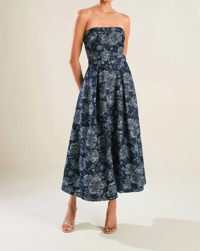 Strapless Jacquard Midi Dress In Denim Comfortable Ribbed Midi Dress