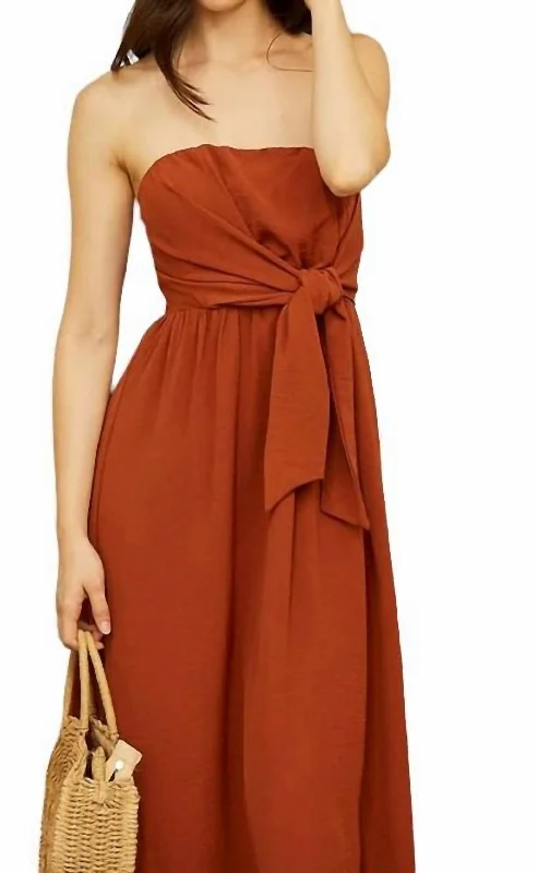 Strapless Midi Dress In Rust Fashionable High-Low Midi Dress