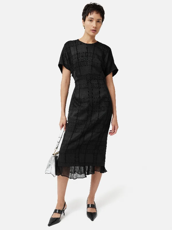 Textured Check Midi Dress | Black Fashionable One-Shoulder Midi Dress