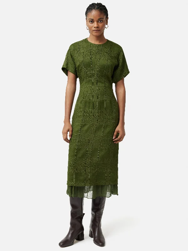 Textured Check Midi Dress | Green Comfortable Ruched Midi Dress