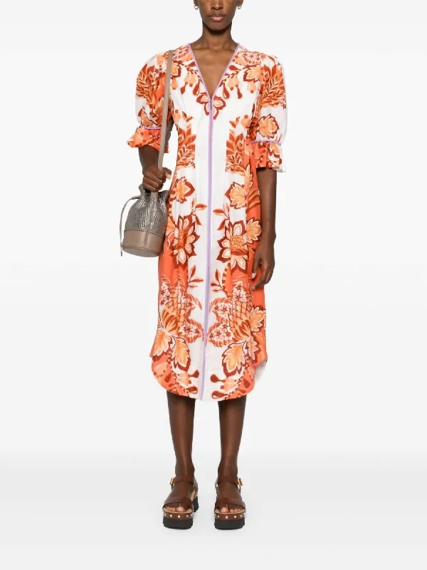 V Neck Midi Dress In Orange Aura Elegant Pleated Sleeve Midi Dress