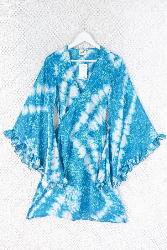 Venus Vintage Sari Midi Dress - Deep Aqua Blue Tie Dye - Size XS Fashionable Plaid Midi Dress