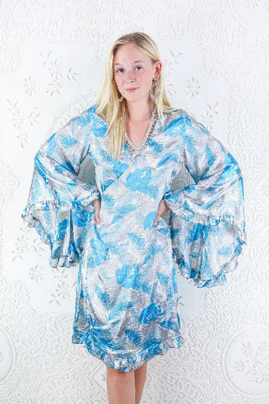 Venus Vintage Sari Midi Dress - Silver & Azure Blue Fern Floral - Size L/XL Cozy Tie-Dye Midi Dress