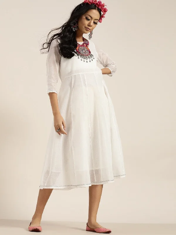 Women's White Gota Patti Anarkali Midi Dress - SHAE Stylish High-Waisted Midi Dress