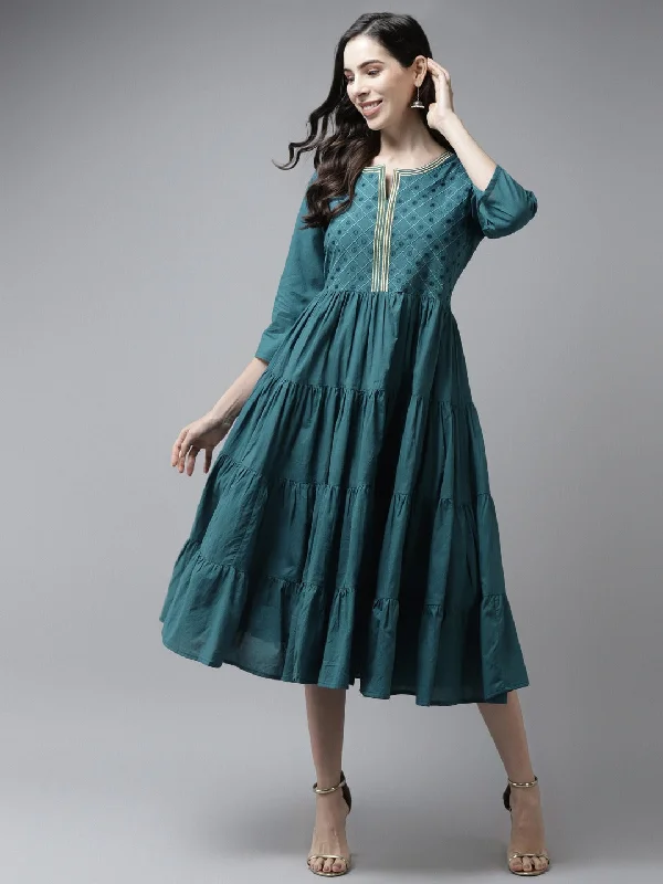 Women's Teal Ethnic Motifs Embroidered Midi Dress - Yufta Comfortable Draped Midi Dress