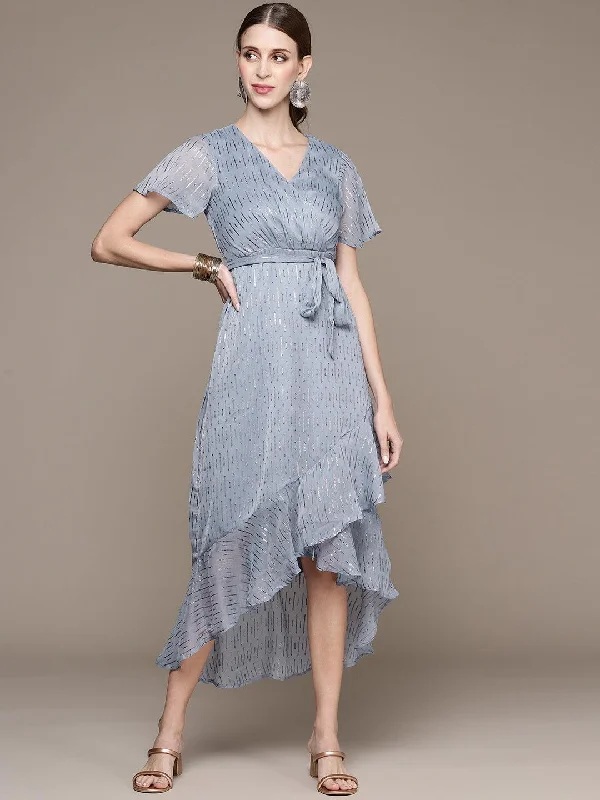 Women's Blue Chiffon Midi Dress - Ishin Elegant Floral Skirt Midi Dress