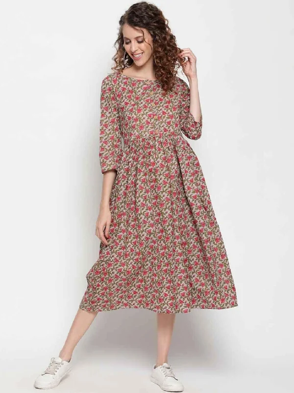 Women's Grey & Green Cotton Floral A-Line Midi Dress - THE NKS PLUS Comfortable Ribbed Midi Dress