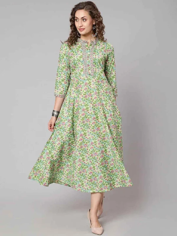 Women's Green Floral Ethnic A-Line Midi Dress - THE NKS PLUS Trendy Shift Midi Dress