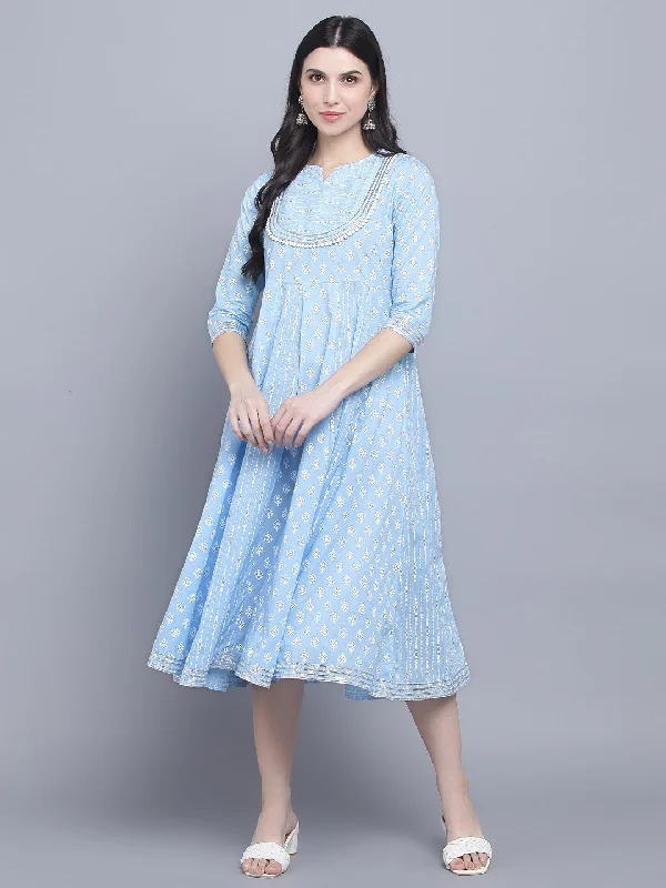 Women's Blue Ethnic Motifs Empire Midi Dress - Myshka Trendy Fit-and-Flare Midi Dress