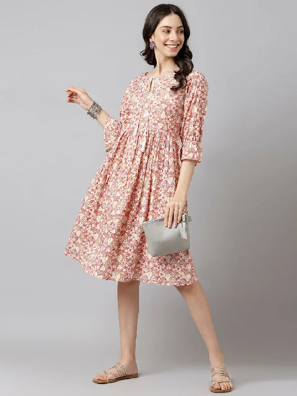 Women's Cotton Printed A-Line Midi Dress - Deckedup Stylish Button-Up Midi Dress