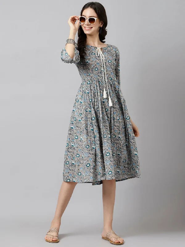 Women's Cotton Grey Printed A-Line Midi Dress - Deckedup Elegant Maxi-Midi Hybrid Dress