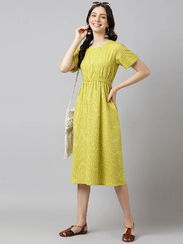 Women's Lime Green Striped A-Line Midi Dress With Pockets - Deckedup Comfortable Denim Midi Dress