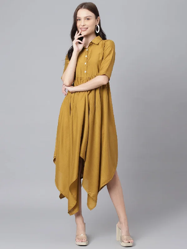 Women's Mustard Silk Asymmetric Collar Midi Dress  - DECKEDUP Stylish Button-Up Midi Dress