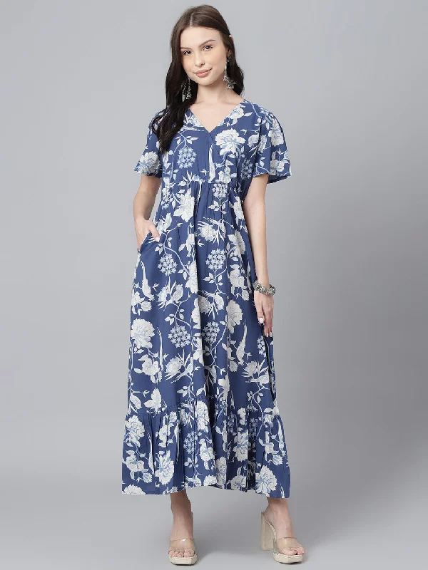 Women's Indigo Cotton A-Line Midi Dress - DECKEDUP Trendy Flared Sleeve Midi Dress