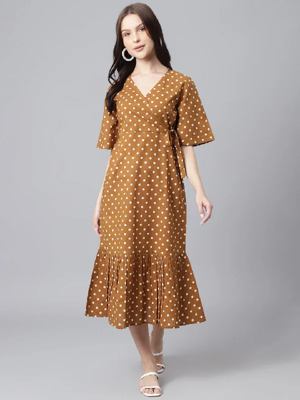 Women's Mustard Polka Print Cotton A-Line Midi Dress - DECKEDUP Cozy A-Line Midi Dress