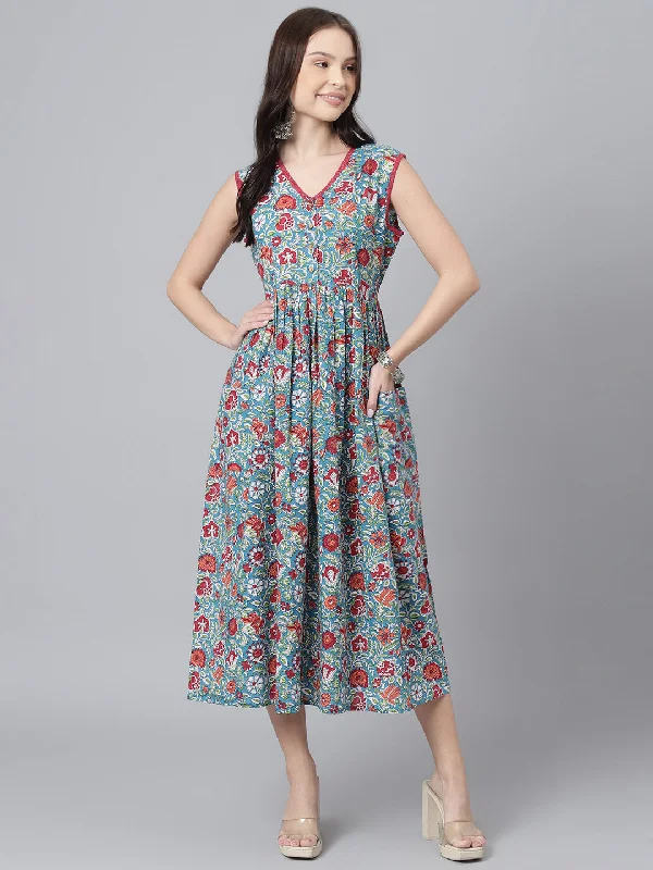 Women's Teal Blue Cotton Sleeveless Pocket Midi Dress - DECKEDUP Elegant Floral Appliqué Midi Dress