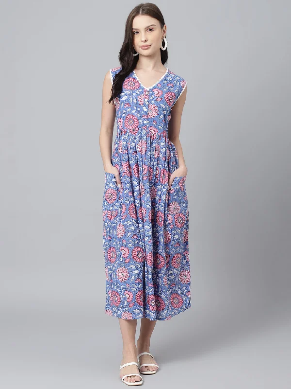 Women's Floral Print Cotton Pocket A-Line Midi Dress - DECKEDUP Fashionable Pencil Midi Dress