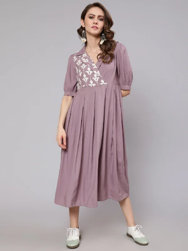 Women's Mauve Embroidered Pleated Midi Dress - Aks Fashionable Polka Dot Midi Dress