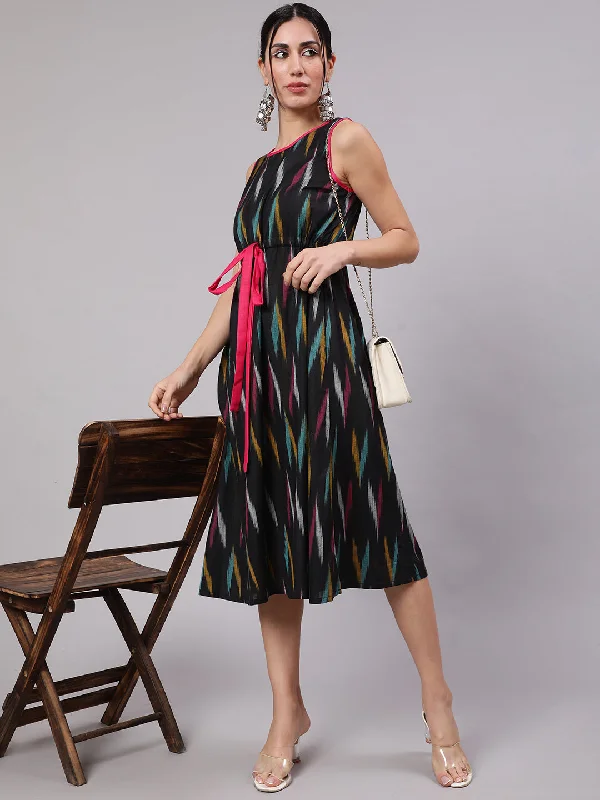 Women's Black Ikkat Print Midi Dress - Aks Fashionable Shift Midi Dress