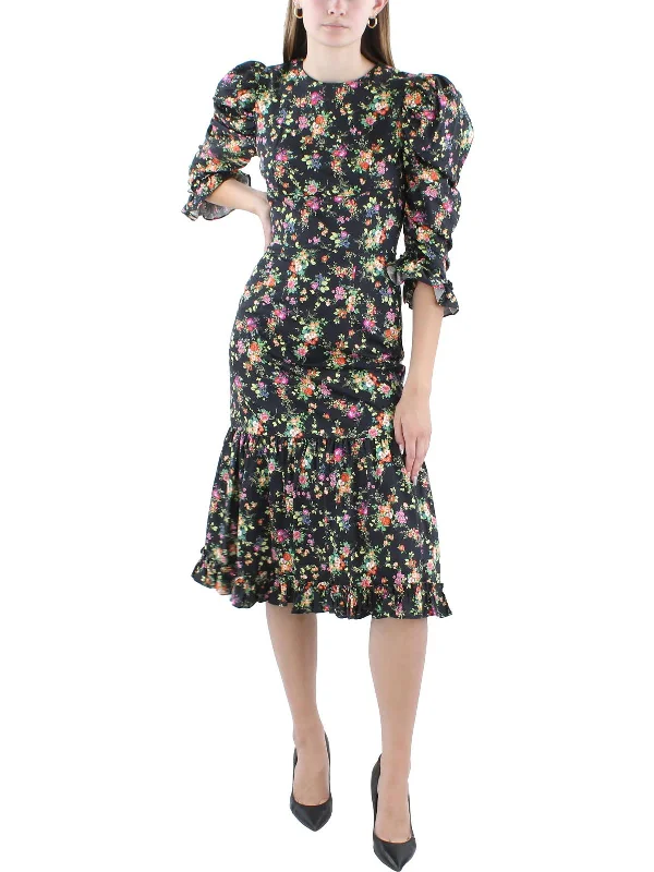 Womens Below Knee Puff Sleeve Midi Dress Trendy Fit-and-Flare Midi Dress