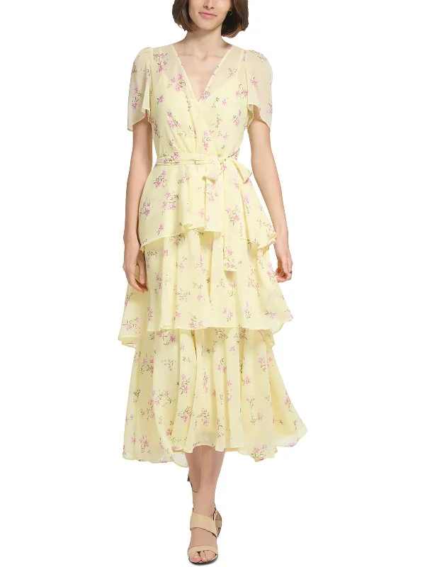 Womens Chiffon Tiered Midi Dress Fashionable A-Line Midi Dress