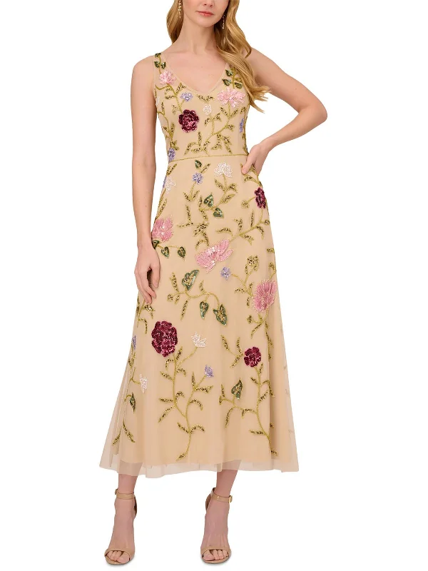 Womens Embellished Polyester Midi Dress Chic Lace Detail Midi Dress