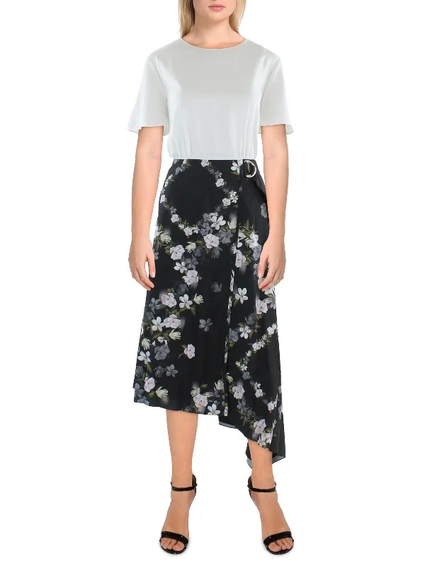 Womens Floral Belted Midi Dress Stylish Vintage Midi Dress