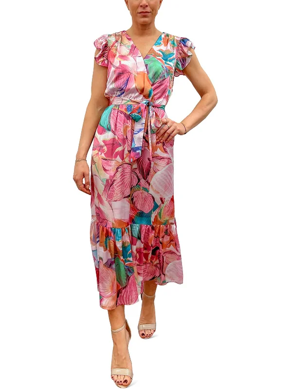 Womens Floral Faux Wrap Midi Dress Elegant Velvet Midi Dress